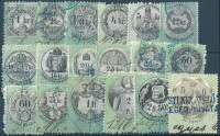 1870 18 db különböző okmánybélyeg, ebből 17 db gépszínátnyomattal