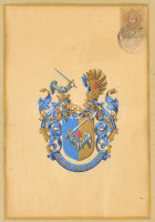 cca 1900 Kézi festésű címerkép okmánybélyeggel hitelesítve. Üvegezett keretben, / Hand painted coat-of arms in glazed frame Image size:16x24 cm