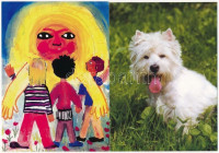 2 db modern képeslap: kutya (Fotex), Jugoszláv Nagykövetség háborúellenes propagandalapja / 2 modern postcards: dog, Yugoslavian embassy's anti-war propaganda