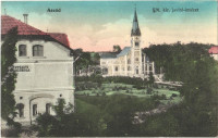1927 Aszód, M. kir. javító intézet, templom, intézeti ipariskola + 'BUDAPEST - KELEBIA 18 A' vasúti mozgóposta bélyegző