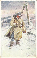 Offizielle Postkarte zu gunsten der Hilfsaktion 'Kälteschutz' Nr. 392. K.H.B. / WWI Austro-Hungarian K.u.K. military, soldier in a snowstorm, artist signed (EK)
