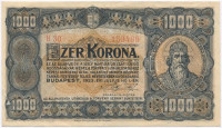 1923. 1000K 'Magyar Pénzjegynyomda R.t. Budapest' nyomdahely jelöléssel T:III