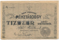 1946. 10.000AP nem kamatozó Pénztárjegy 'Másra Át Nem Ruházható' felülbélyegzés és sorszám nélkül T:III,III- ly.Adamo P57