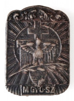 ~1930-1940. 'M.GY.O.SZ. (Magyar Gyorsírók Országos Szövetsége)' ezüstpatinázott fém jelvény (14x19mm) T:1- / Hungary ~1930-1940. 'M.GY.O.SZ. (Hungarian Shorthand Writers Alliance)' silver plated badge (14x19mm) C:AU