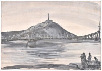 Élesdy István (1912-1987): Dunánál, háttérben a Szabadság-szobor. Vegyes technika, papír, jelzés nélkül. 29×42 cm