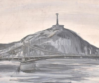 Élesdy István (1912-1987): Dunánál, háttérben a Szabadság-szobor. Vegyes technika, papír, jelzés nélkül. 29×42 cm