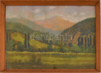 Hatvani Perlusz Gyula (1896-1944): Távolban a hegyek (Erdély?). Pasztell, papír, jelzett és datált (Hatvani Perlusz Gy 1938), üvegezett fa keretben, 31×40,5 cm