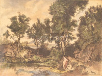 Herman Lipót (1884-1972): Fürdőzők. Színezett rézkarc, papír, jelzett a karcon, 29×37 cm