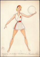 Horányi Mária (1931-2012): Operettszínházi jelmeztervek, 3 db. Vegyes technika, papír, 30×21 cm + gratuláló távirat
