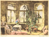 Imre István (1918 - 1983): Interieur (Kislány babával, háttérben a Hősök tere). Színezett rézkarc, karton, jelzett, 31,5×42 cm