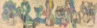Iványi Katalin (1924-2013): Egy utazás emlékei. Olajpasztell, papír, jelzett, hátoldalán zsűri címkével. Üvegezett fa keretben, 19x65,5 cm
