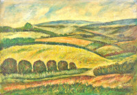Katymári Krizsán Antal (1916-?): Dombos táj. Olaj, vászon. Jelzett. Sérült, restaurált. Fa keretben. 52x73 cm.