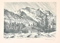 Komáromi János (1943-): Kunyhó. Rézkarc, papír, jelzett. Számozott (30/50), 15,5x22 cm
