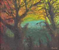Konfár jelzéssel: Tájban. Olaj, farost. 34x40 cn Keretben