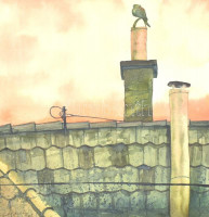 2008 Ligeti Miklós (1982- ): Galamb a forró háztetőn, (Wekerlei részlet), akvarell, papír, jelzett, 44x44 cm