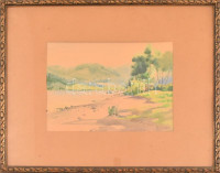 Lipovniczky László (1910-?): Dunapart. Akvarell, papír, jelzés nélkül, hátoldalán feliratozott, üvegezett fa keretben, 19,5×27,5 cm