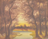 Mille jelzéssel: Erdőrészlet. Olaj, vászon. Ökörszemes, sérült fa keretben. 40×50 cm