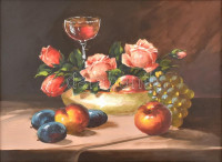 Molnár Z. János (1880-1960): Asztali csendélet. Olaj, papír, jelzett, fa keretben, 25×33 cm
