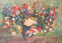 Monos József (1932-2013): Virágcsendélet. Olaj, farost, jelzett, díszes üvegezett keretben, 50×70 cm