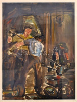 Mottl Hortenzia (1920-2002): Nagyvárad öntödéje, 1955. Vegyes technika, papír, jelzett. Üvegezett  keretben, 39,5x29,5 cm