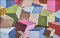 Papp Kornél Attila: Kockák. Olaj, karton, jelzett, hátoldalán autográf felirattal, fa keretben, 20×30 cm