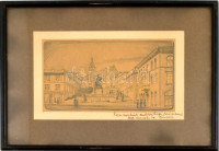 Olvashatatlan jelzéssel. Városrészlet lovasszoborral. Ceruza, papír. Üvegezett keretben. 14,5×24 cm
