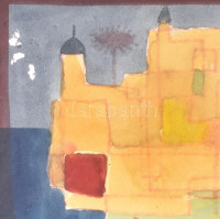 Jelzés nélkül: A tornyok városa. Akvarell, papír. Díszes, üvegezett keretben, 9,5×14 cm