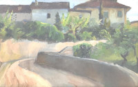Jelzés nélkül: Útkanyar. Olaj, karton, üvegezett, sérült  keretben, 14x20,5 cm