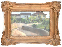 Jelzés nélkül: Útkanyar. Olaj, karton, üvegezett, sérült  keretben, 14x20,5 cm