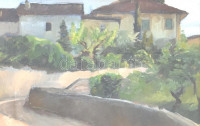 Jelzés nélkül: Útkanyar. Olaj, karton, üvegezett, sérült  keretben, 14x20,5 cm
