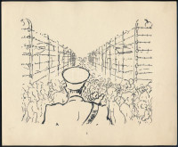 Lukács Ágnes Auschwitz. Női tábor - Women's camp. Bp., 1946. (Ichud). (8) p. + 24 tábla. A Szocialista-Cionisták Pártja által kiadott mappa a rajzok mellett a kiadó előszavát és a művész életrajzát is tartalmazza. Kiadói,