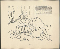 Lukács Ágnes Auschwitz. Női tábor - Women's camp. Bp., 1946. (Ichud). (8) p. + 24 tábla. A Szocialista-Cionisták Pártja által kiadott mappa a rajzok mellett a kiadó előszavát és a művész életrajzát is tartalmazza. Kiadói,