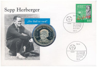 Németország 1997. 'Sepp Herberger születésének 100. évfordulója' fém emlékérem, érmés borítékban, bélyeggel, bélyegzéssel, német nyelvű leírással T:PP kis patinaGermany 1997. 'The 100th Anniversary of the birth of Sepp