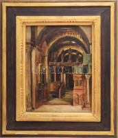Feszty Árpád (1856-1914): Templom belseje. Olaj, fatábla, jelzés nélkül. Hátoldalán Feszty Masa (1895-1979), Feszty Árpád lányának igazolásával 1971-ből. Dekoratív, kissé sérült fakeretben, 29,5×22 cm / Árpád Feszty
