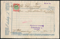1912 Bp., Édeskuty L. ásványvíz nagykereskedő 2 filléres benyomott számlabélyegű kitöltött számlája, hátoldalon dekoratív fametszetes illusztrációval, szép állapotban, 15×23 cm