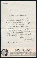 1930 Móricz Zsigmond (1879-1942) író autográf levele ismeretlennek Nagykőrösre. A Nyugat fejléce ráragasztva