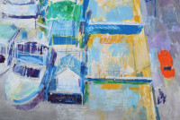 Gulyás Dénes (1927-2003): Budapesti Dunapart hajókkal. Olaj, farost, jelzés nélkül. Apró felületi sérülésekkel. 100x100 cm